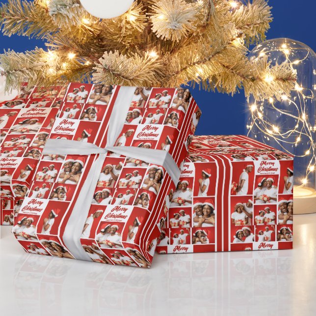 Bold Red Merry Christmas Photo Collage 2025 Wrapping Paper (Holidays)