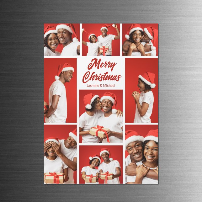 Bold Red Merry Christmas Photo Collage Magnet Card (Creator Uploaded)