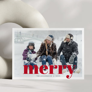 Bold Red Merry Photo Family Christmas Modern Holiday Card