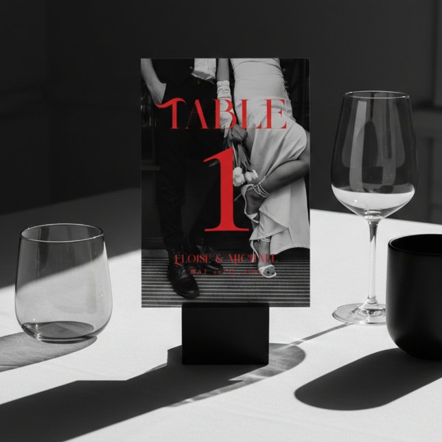 Bold Red Modern Black and White Photo Wedding  Table Number (Bold Red Photo Wedding Table Number)