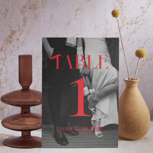 Bold Red Modern Black and White Photo Wedding  Table Number