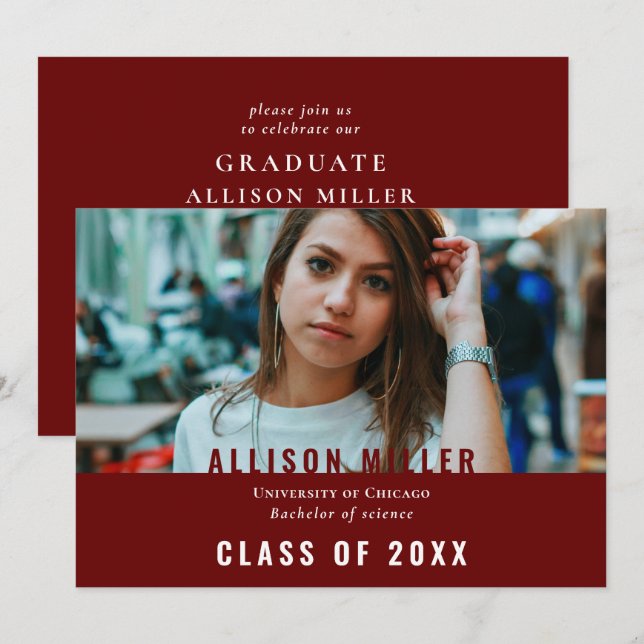 Bold Red Modern Typography Photo Graduation Party Invitation (Front/Back)