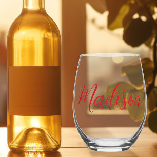 Bold Red Name Handwritten Script Custom Stemless Wine Glass