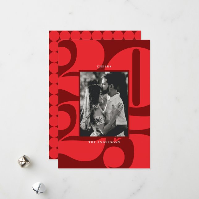 Bold Red Numbers Cheers New Year Photo Holiday Card (Front/Back In Situ)