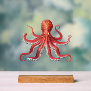 Bold Red Octopus Desk Sign Ocean-Inspired Decor