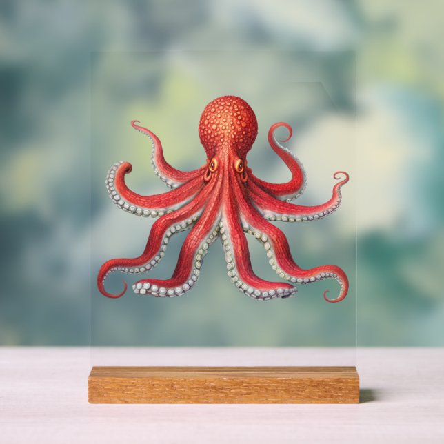 Bold Red Octopus Desk Sign Ocean-Inspired Decor (Neutral)