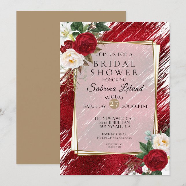 Bold Red Peonies and Crimson Paint Stroke Invitation (Front/Back)