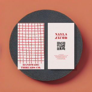 Bold Red Pink Check Pattern QR Code for Handmade Business Card