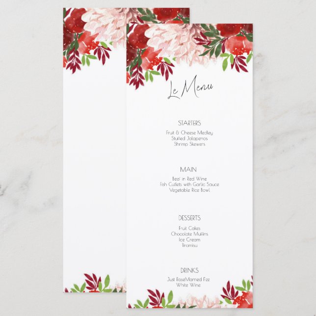 Bold Red Pink Floral Flat Wedding Menu  (Front/Back)