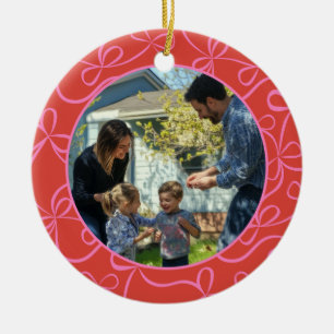 Bold Red Pink Ribbon Pattern Custom Photo Holiday Ceramic Tree Decoration