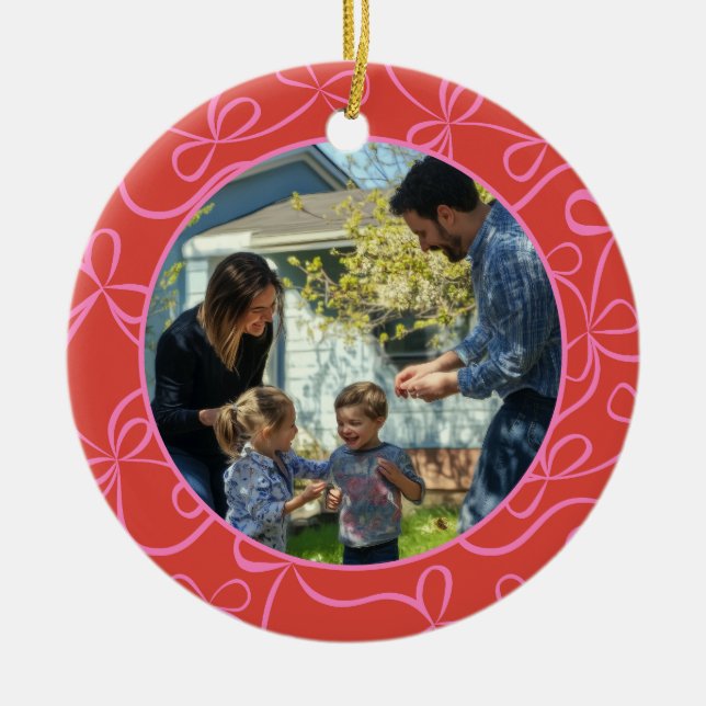 Bold Red Pink Ribbon Pattern Custom Photo Holiday Ceramic Tree Decoration (Front)