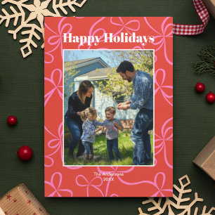 Bold Red & Pink Ribbon Pattern Photo Holiday Card