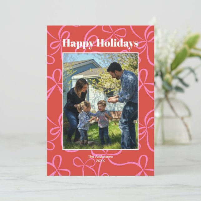 Bold Red & Pink Ribbon Pattern Photo  Holiday Card (Standing Front)