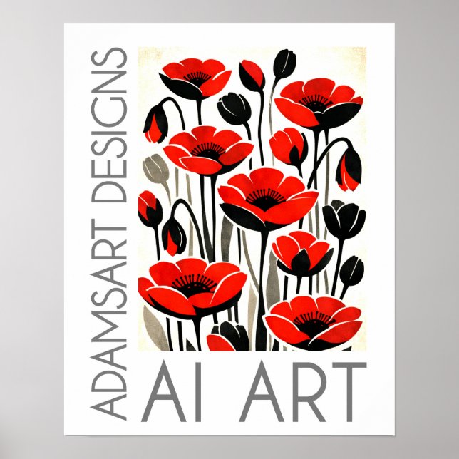 Bold Red Poppy Flowers Modern Botanical Art Poster (Front)
