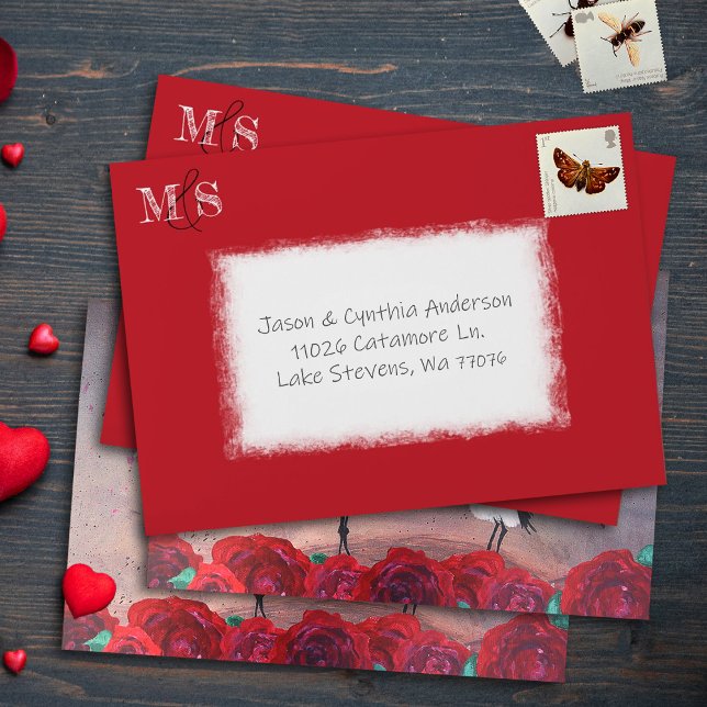 Bold Red, Pre-addressed 5x7 Wedding Invitation Envelope (Red pre-addressed wedding invitation envelope, monogram on front)