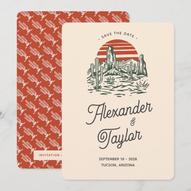 Bold Red Retro Saguaro Landscape Desert Wedding Save The Date (Front/Back)