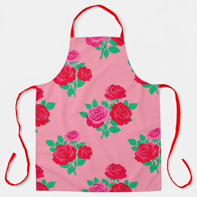 Bold Red Rose on Vibrant Pink Apron (Front)