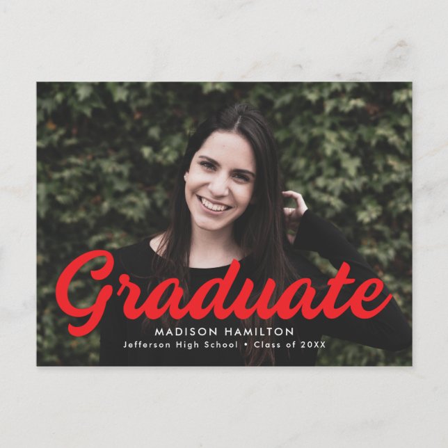 Bold Red Script Photo Graduation Party Invitation Postcard (Front)