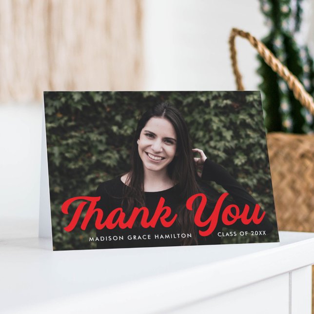 Bold Red Script Photo Graduation Thank You Card (Creator Uploaded)