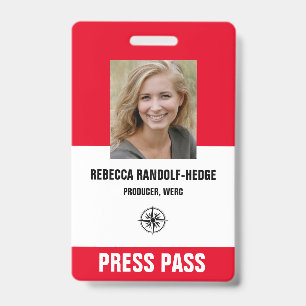 BOLD RED SPECIAL EVENT PRESS PASS - Photo I.D. ID Badge