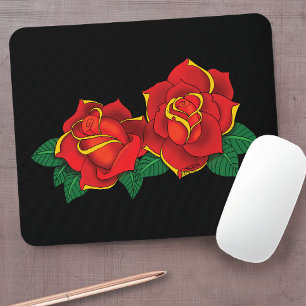 Bold Red Traditional Roses Tattoo Black Mouse Mat