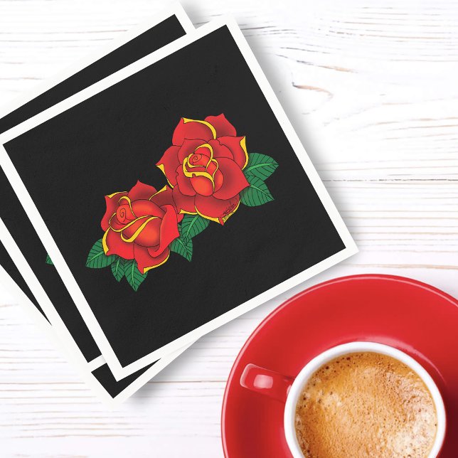 Bold Red Traditional Roses Tattoo Black Napkin (Creator Uploaded)