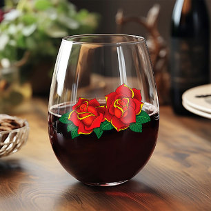 Bold Red Traditional Roses Tattoo Black Stemless Wine Glass