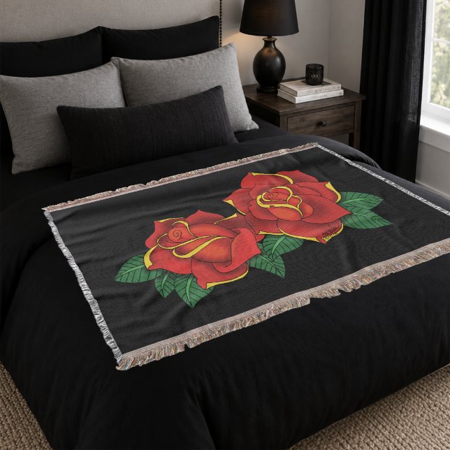 Bold Red Traditional Roses Tattoo Black Throw Blanket (Creator Uploaded)