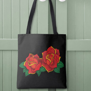 Bold Red Traditional Roses Tattoo Black Tote Bag