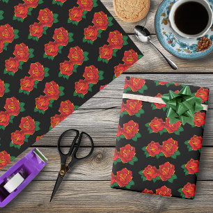 Bold Red Traditional Roses Tattoo Black Wrapping Paper