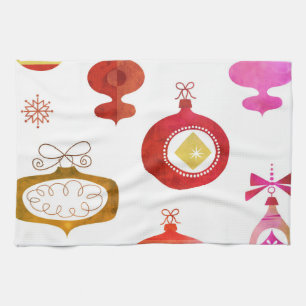 Bold Red Waterclor Ornaments Tea Towel
