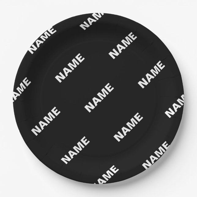 Bold Repeating Editable Name | Simple Black White Paper Plate (Front)
