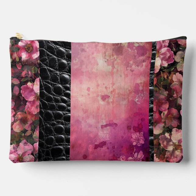 Bold reptile, pink floral black  accessory pouch (Front)