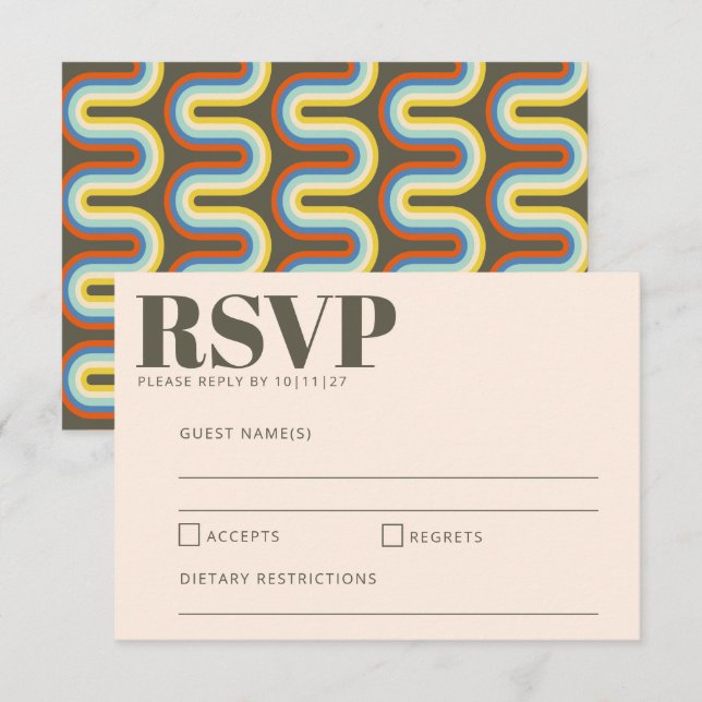 Bold Retro 60s 70s Aesthetic Olive Green Wedding RSVP Card (Front/Back)