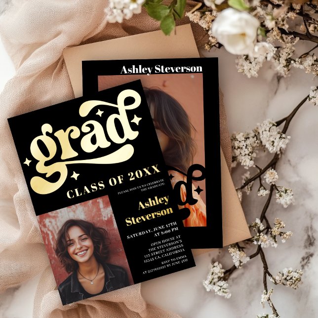 Bold Retro black Groovy 2 photos Graduation Party (Bold Retro black Groovy 2 photos Graduation Party Foil Invitation)