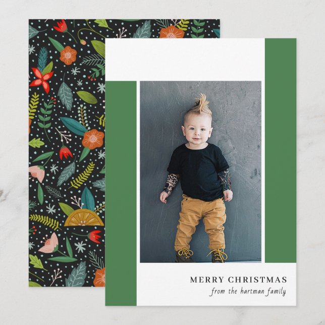 Bold Retro Citrus & Floral Green Christmas Photo   Holiday Card (Front/Back)