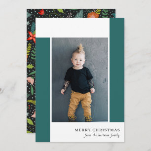 Bold Retro Citrus & Floral Teal Christmas Photo Holiday Card
