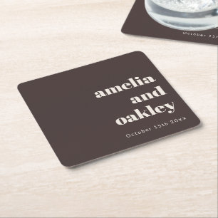 Bold Retro Fall Brown Ivory Couple Wedding Custom Square Paper Coaster