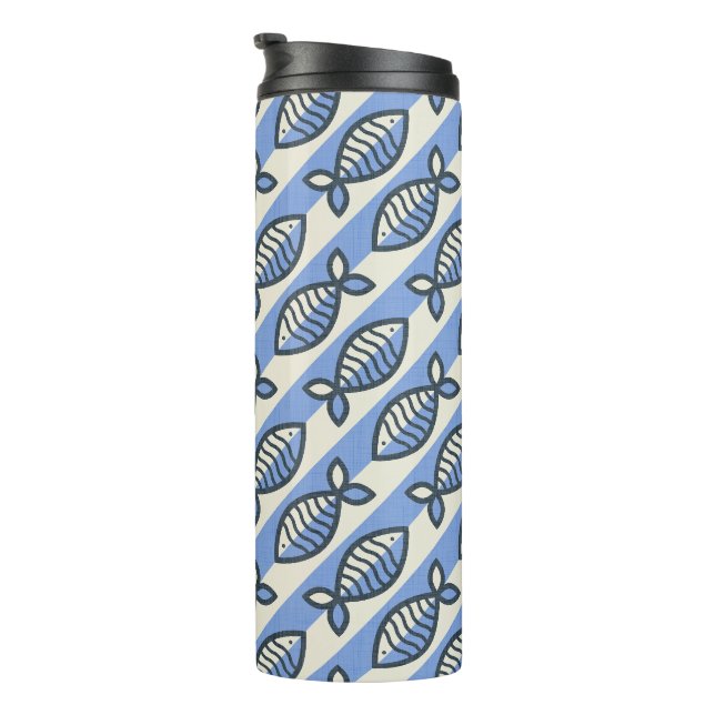 Bold retro fish blue throw pillow coffee mug table (Rotated Right)