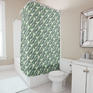 Bold retro fish green and grey shower curtain
