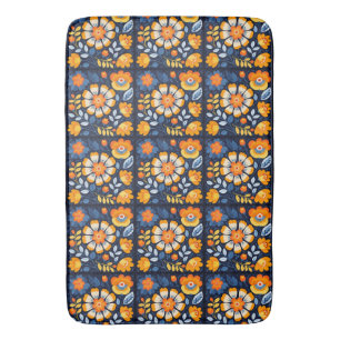 Bold Retro Floral Illustration in Orange and Blue Bath Mat