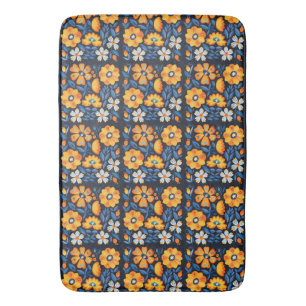 Bold Retro Floral Illustration in Orange and Blue Bath Mat