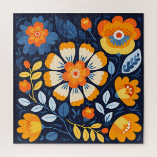 Bold Retro Floral Illustration in Orange and Blue Jigsaw Puzzle