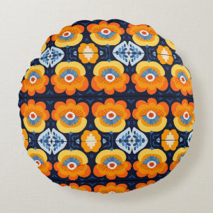 Bold Retro Floral Illustration in Orange and Blue Round Cushion