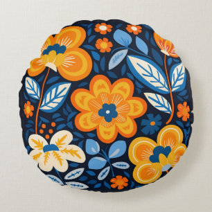 Bold Retro Floral Illustration in Orange and Blue Round Cushion