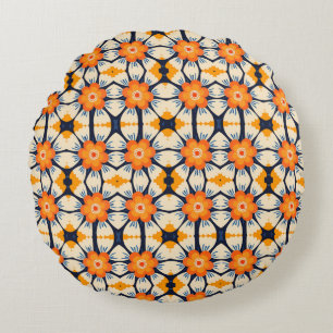 Bold Retro Floral Illustration in Orange Round Cushion