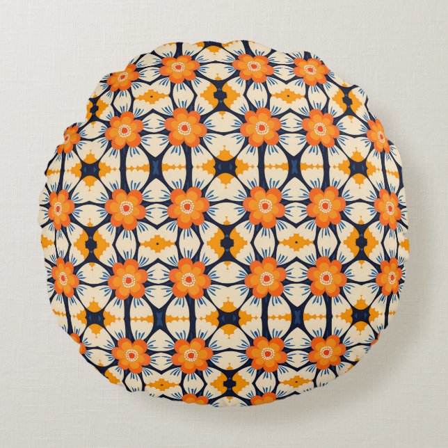 Bold Retro Floral Illustration in Orange Round Cushion (Front)