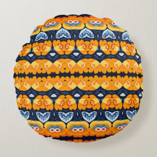Bold Retro Floral Illustration in Orange Round Cushion