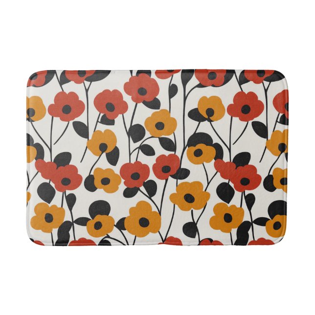 Bold Retro Floral Pattern Red, Orange, and Black Bath Mat (Front)