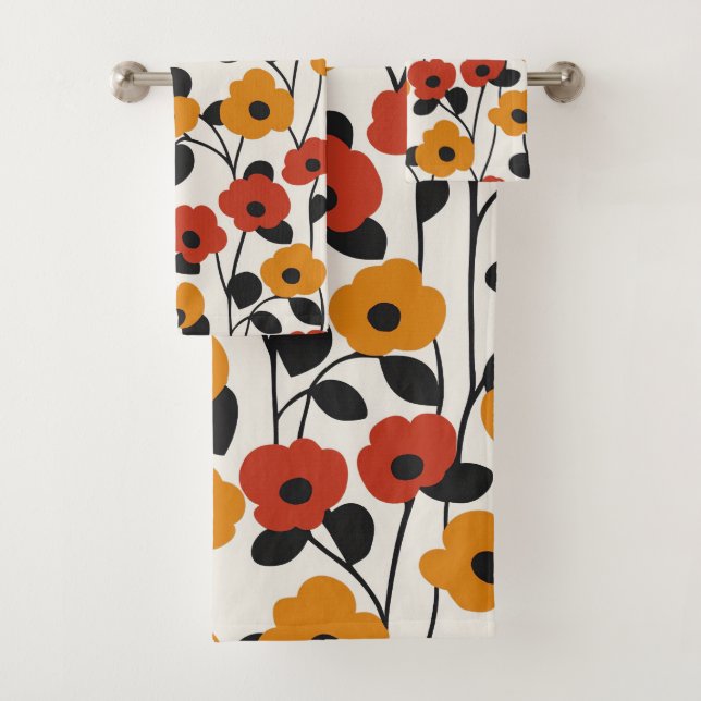 Bold Retro Floral Pattern Red, Orange, and Black Bath Towel Set (Insitu)